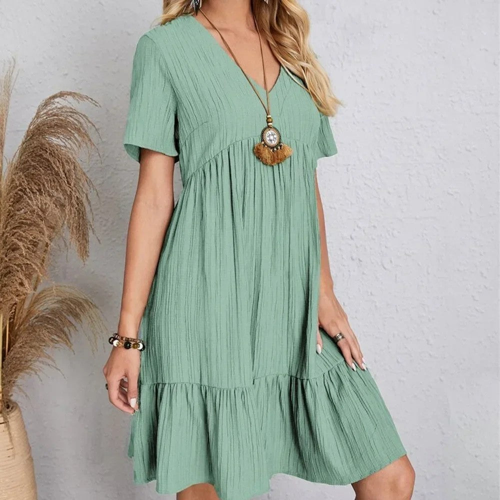 Women Summer Peplum Dresses Spring V-Neck Short Sleeve Loose Waist Ruffle Fit Fl