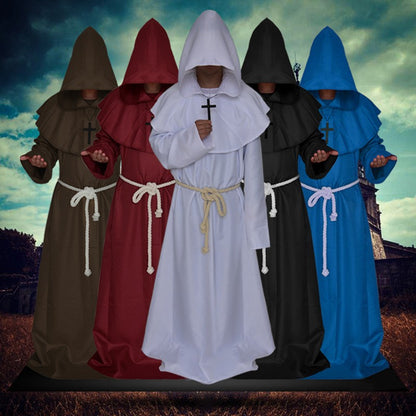 Medieval Monk Cosplay Wizard Hooded Robe Steampunk Priest Horror Cloak For Men Unisex Mask Hat Costume Halloween Masquerade Cape