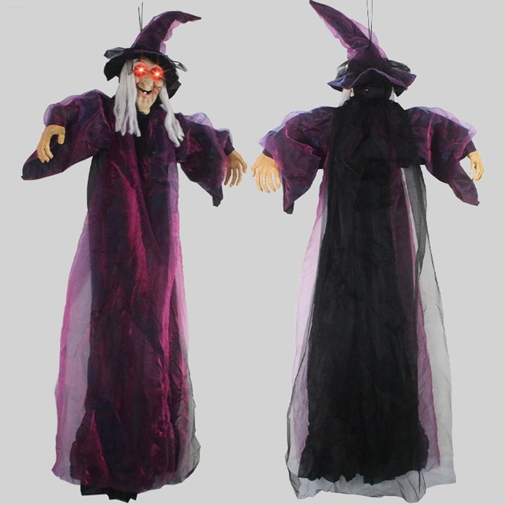 Bruxa Falante em Tamanho Real de Halloween Roxo Assustador Decoração Gritante Controlada por Voz com Olhos Brilhantes