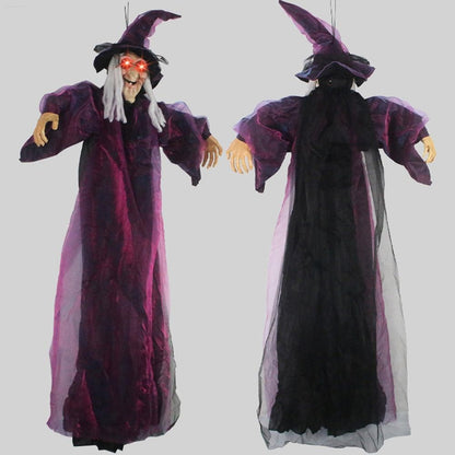 Bruxa Falante em Tamanho Real de Halloween Roxo Assustador Decoração Gritante Controlada por Voz com Olhos Brilhantes