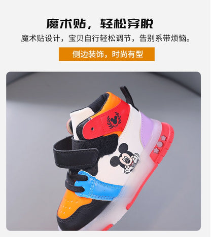 Disney Children's Sneakers Boys Girls Mickey Led Light Sport Shoes Student Shoes Hook Anti-slip Kids Outdoor Shoes Basket Shoes