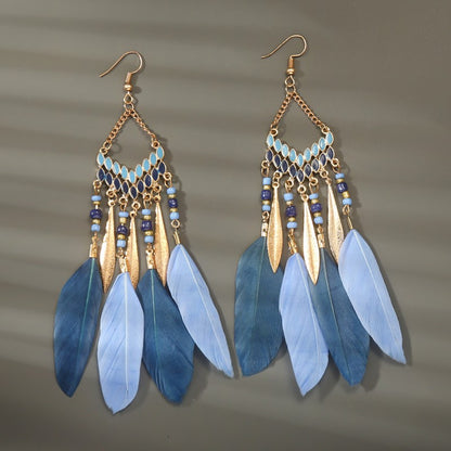 Brincos femininos longos de pena estilo boho, praia, com borla longa, miçangas, flores artesanais esmaltadas, para noiva, casamento, Pendientes Mujer
