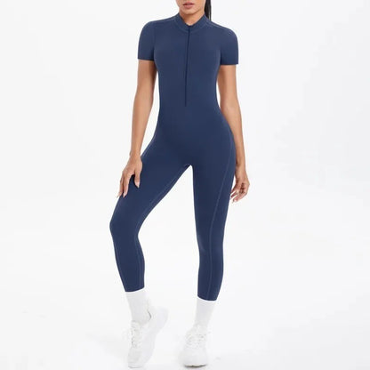 New Women's Yoga Jumpsuit Front Zipper Tight Back Hollow Out Short Sleeve-pants Activewear for Fitness Running Gym Workout