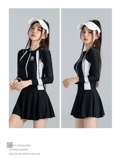 Black and White Color Matching One-piece Sports Small Chest Gathered To Cover The Belly Weight Swimming Sun Protection Swimsuit