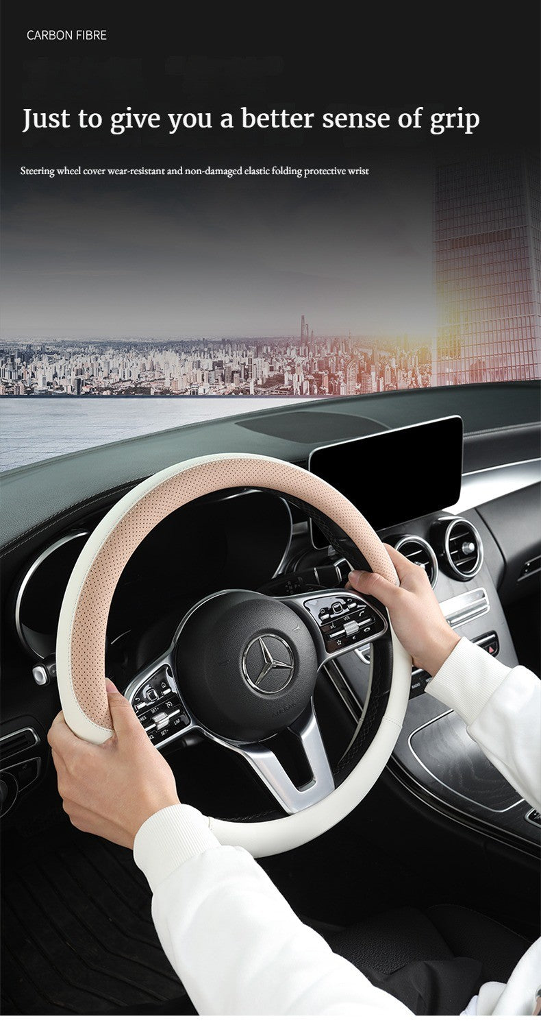Perforated Nappa Leather Car Steering Wheel Cover Warm in Winter and Cool in Summer, Universal 15 Inch,  Anti-Slip, Odorless