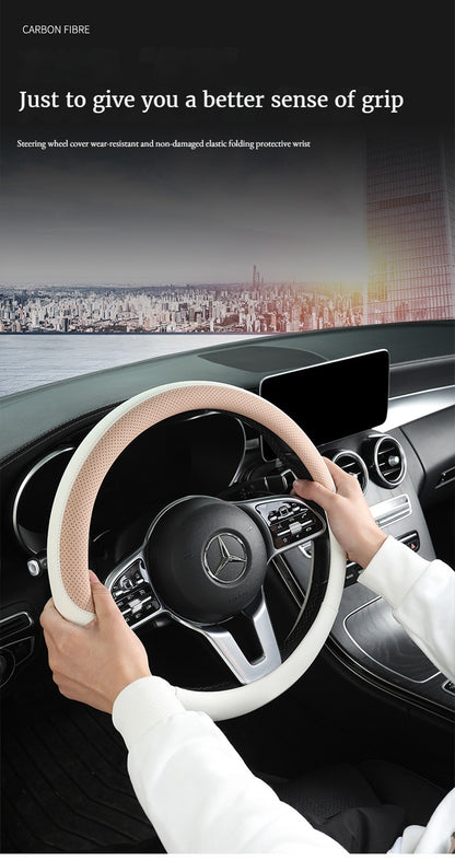 Perforated Nappa Leather Car Steering Wheel Cover Warm in Winter and Cool in Summer, Universal 15 Inch,  Anti-Slip, Odorless