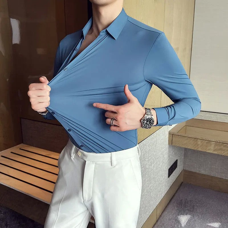 Men's Long Sleeved Elastic Shirt No Ironing Business Wear Professional Workwear Stand Up Collar Shirt Casual Solid Color Shirt