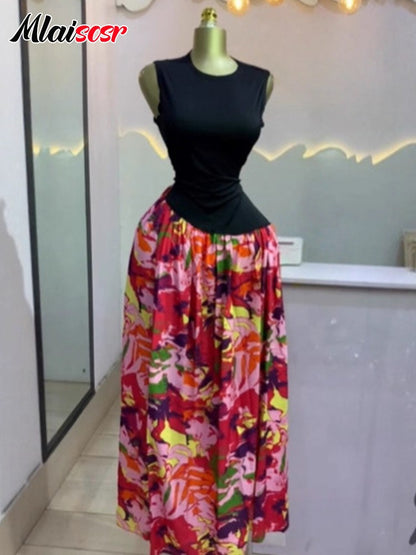 Mlaiscsr Elegant Printed Black Patchwork Maxi Dress O-Neck Sleeveless Bodycon A-Line for Women Birthday Evening Wedding Robe