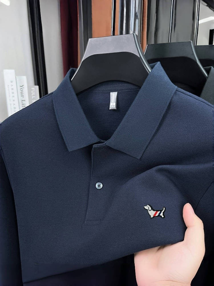100% pure cotton spring and autumn fashionable men's collar striped long sleeved polo shirt with micro seal dog embossed design