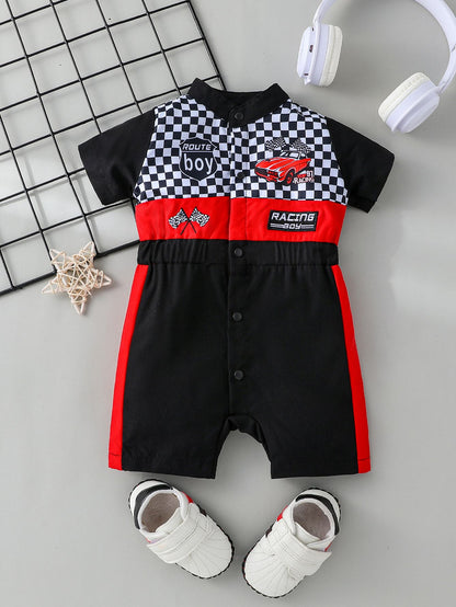 Newborn Baby Boy Styling Suit Mini Racer Outfit with Embroidered Stand Collar and Zipper Denim Overalls