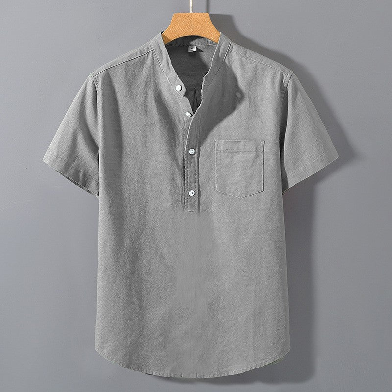 Summer Stand Up Collar T Shirts Solid Color Short Sleeve Cotton Shirt Trendy Breathable Loose Youth Basic Pocket Top