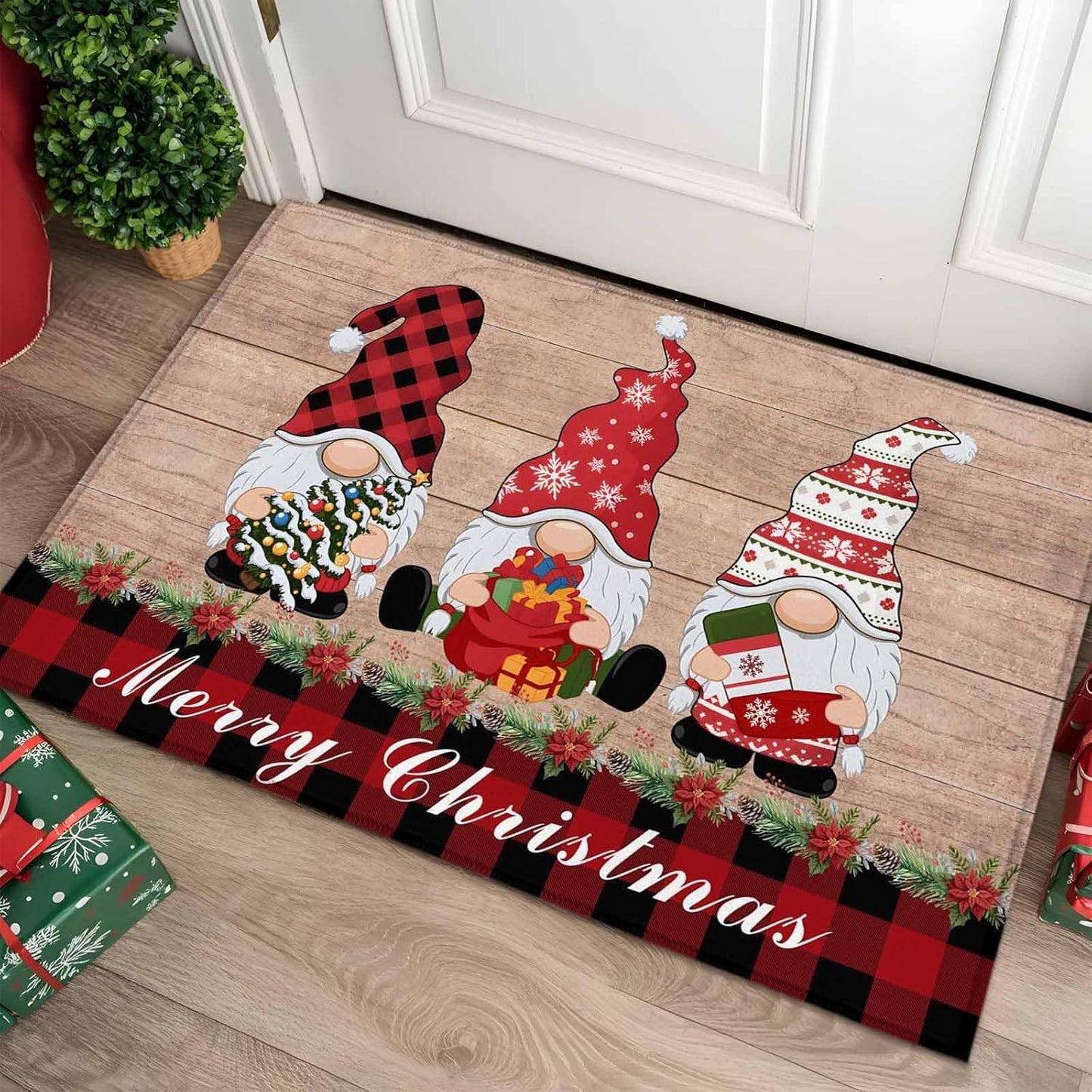 VIKAMA Christmas Gnome Doormat Winter Dwarf Front Door Mat Non-Slip Washable Entryway Rug Holiday Home Decor