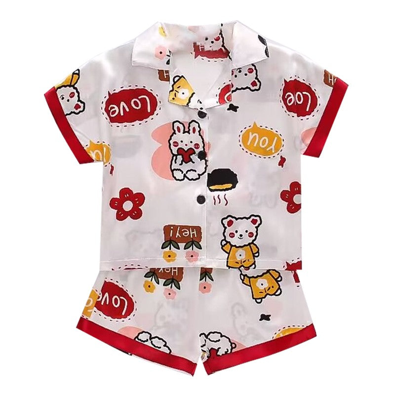 Boys Girls Ice silk satin Cartoon printing Tops Pants Set home Wear Children's pajamas set Baby suit Kids Clothes Toddler