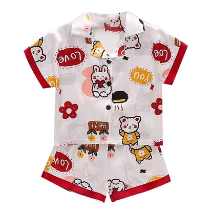 Boys Girls Ice silk satin Cartoon printing Tops Pants Set home Wear Children's pajamas set Baby suit Kids Clothes Toddler