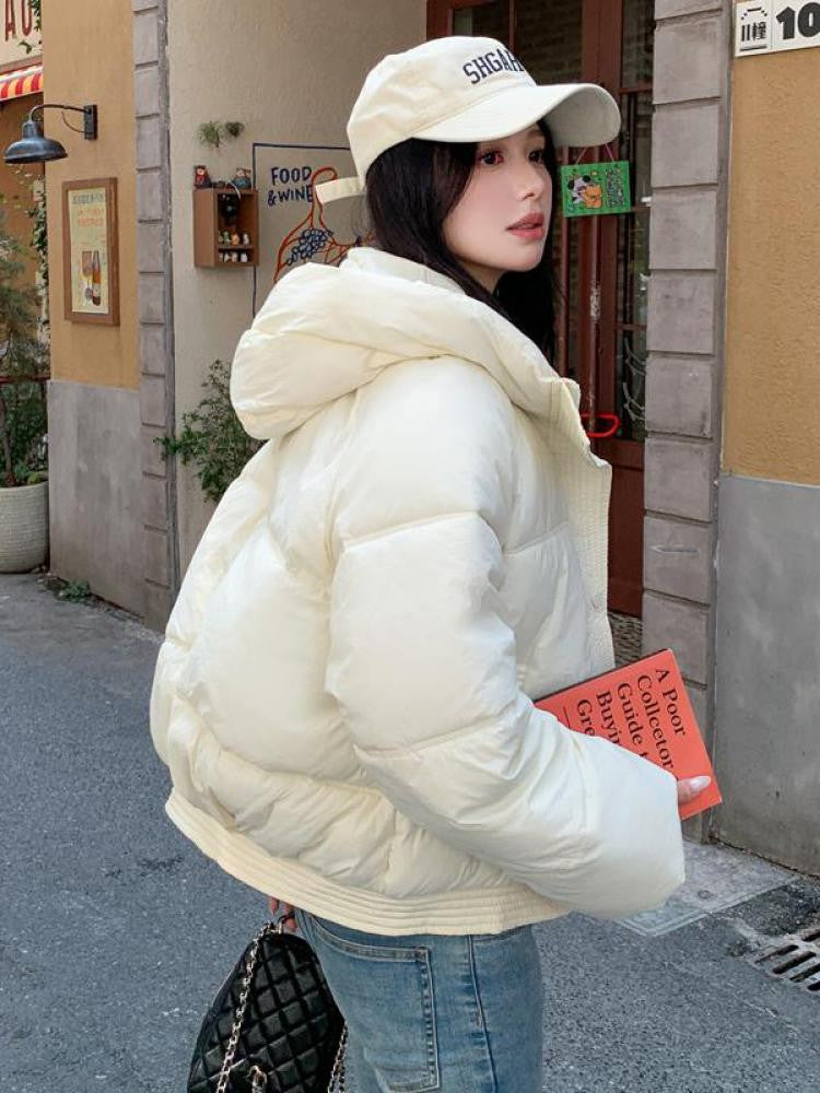 Korean Winter Women Black Beige Hood Zipper Down Jacket Ladies Blue Single Breasted Short Warm Thick Bread Coat Streetwear Trend