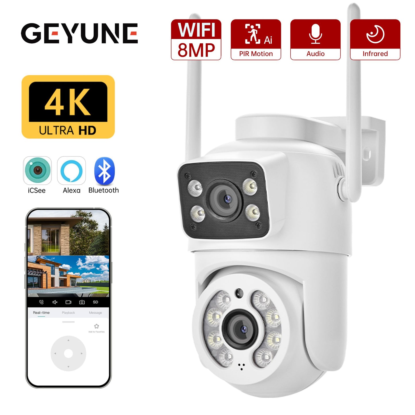 8MP 4K PTZ Wifi Camera Dual Lens with Dual Screen Ai Human Detect Auto Tracking Outdoor Surveillance Security Camera Icsee