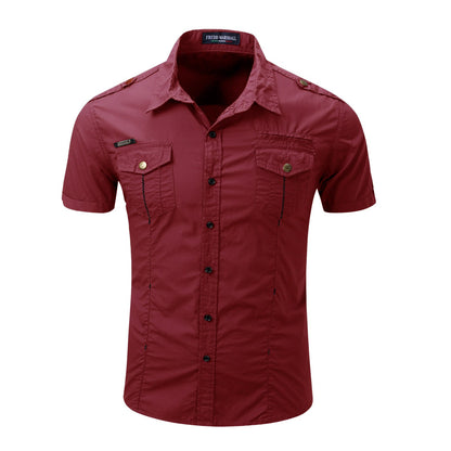 Euro Big Size Men's Cotton Casual Short Sleeve Button-Down Shirt with Chest Pockets Regular-Fit Work Shirt Outdoor Cargo Wear