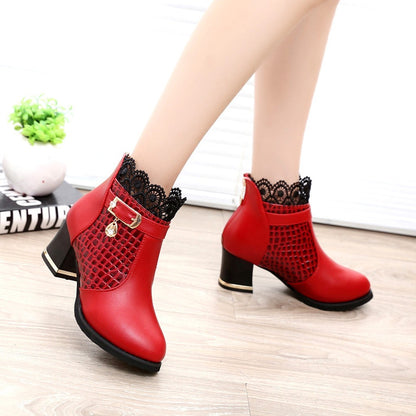 Women'S Ladies Boots Fall Winter Vintage Leather Lace Short Boots Shoes Women'S Fashion Lace Trim Boots Mid-Heeled Boots