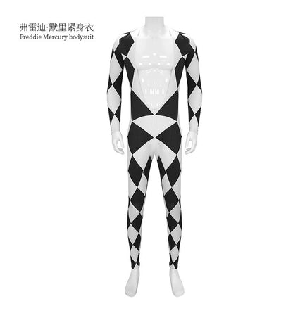 Freddie Mercury - Queen Harlequin Cosplay Costume Unitard Black and White Diamond Bodysuit with attached feet for Men