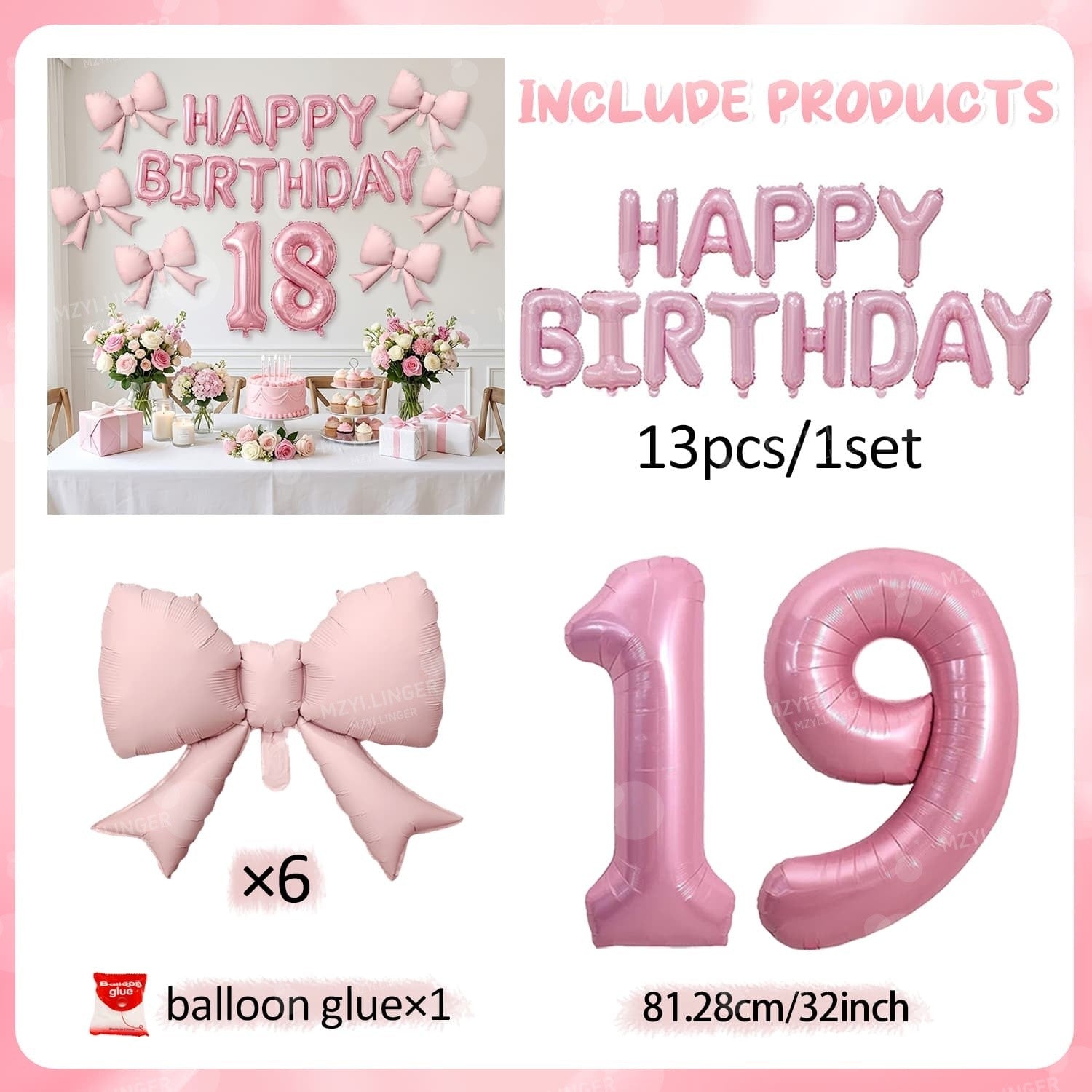 Pink Bow Birthday Balloon Happy Birthday Letter Balloon Used for Wedding, Valentine's Day, Birthday, Proposal Decoration Decor