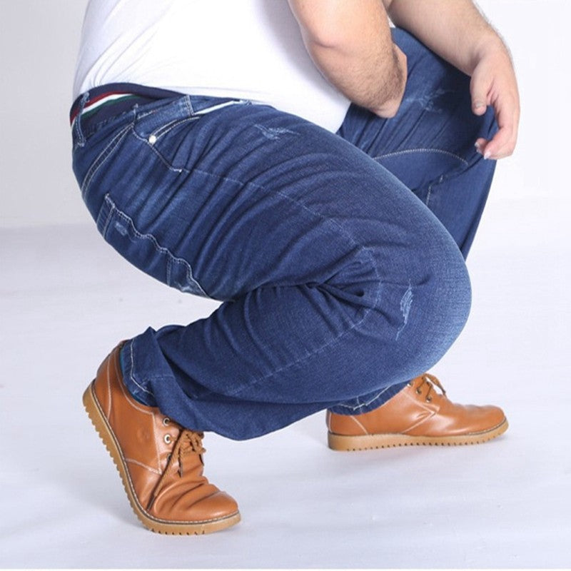 Autumn plus size casual jeans fashion men's pocket elastic waist straight plus size high elastic jeans.