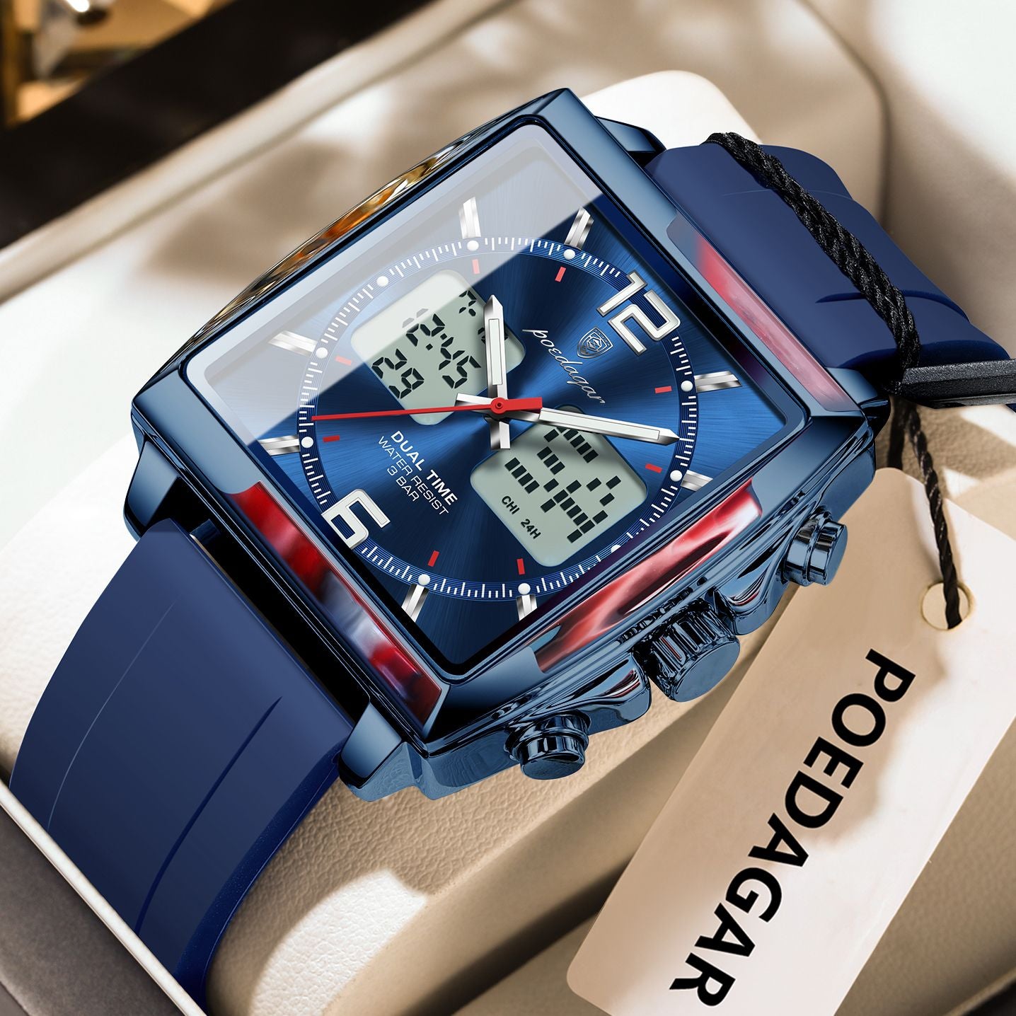 POEDAGAR Luxury Top Man Watch Electronic Square LED Alarm Chronograph Men's Watches Week Date Dual Time Display Men Quartz Clock