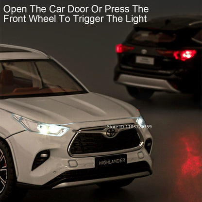 Miniaturas de carros Highlander RAV4 em liga fundida escala 1:24, com som, luz, portas que abrem, função de fricção e absorção de choque – Presente para meninos