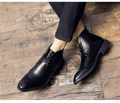 New Men Business Ankle Boots PU High Cut Short Tube Lace Up Business Brand Chelsea Boots European Style Size 38-48 Men Boots