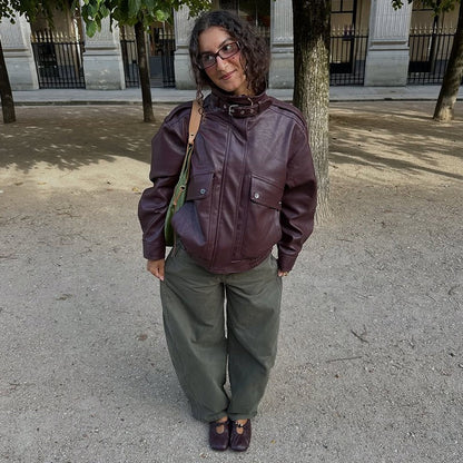 Fashion PU Leather Stand Up Coat for Women Casual Long Sleeve Zipper Lady Jackets 2025 Autumn New Female Outerwear High Street