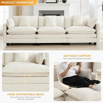 111" Luxury Sectional Deep Seat Couch – Cloud Modern Comfy Chenille Living Room Sofa, 3-Seat Modular Upholstered