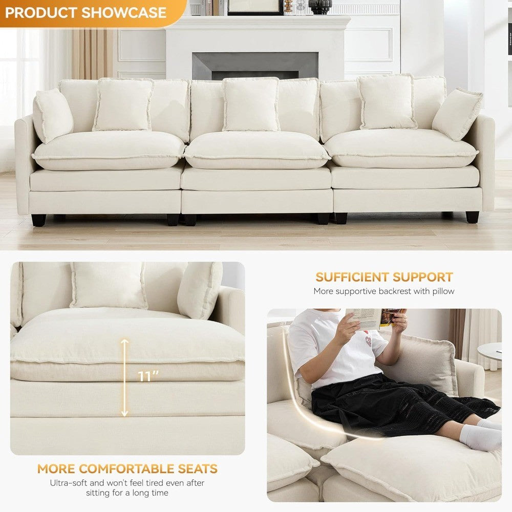 111" Luxury Sectional Deep Seat Couch – Cloud Modern Comfy Chenille Living Room Sofa, 3-Seat Modular Upholstered