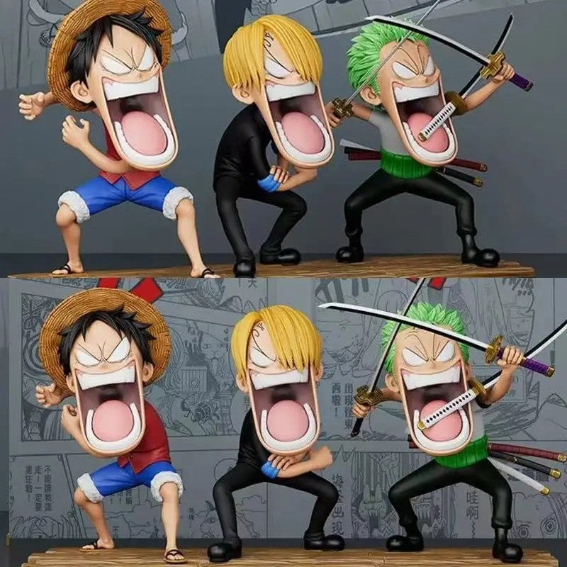 Conjunto de 3 peças One Piece Hungry Trio, Capitão Sanji, Monkey D. Luffy, Roronoa Zoro, modelo de action figure divertido de anime, brinquedo colecionável