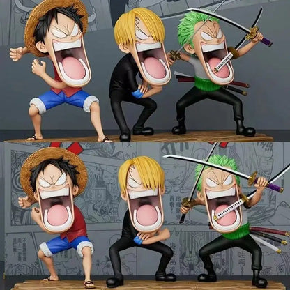 Conjunto de 3 peças One Piece Hungry Trio, Capitão Sanji, Monkey D. Luffy, Roronoa Zoro, modelo de action figure divertido de anime, brinquedo colecionável