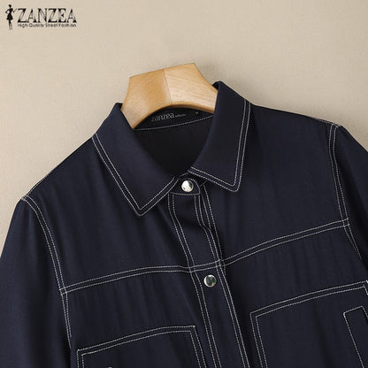 ZANZEA Women's Denim-Like Contrast-Stitch Shirts 2025 Fashion Turn-Down Collar Short Sleeve Button Up Shirt Streetwear Woman Top