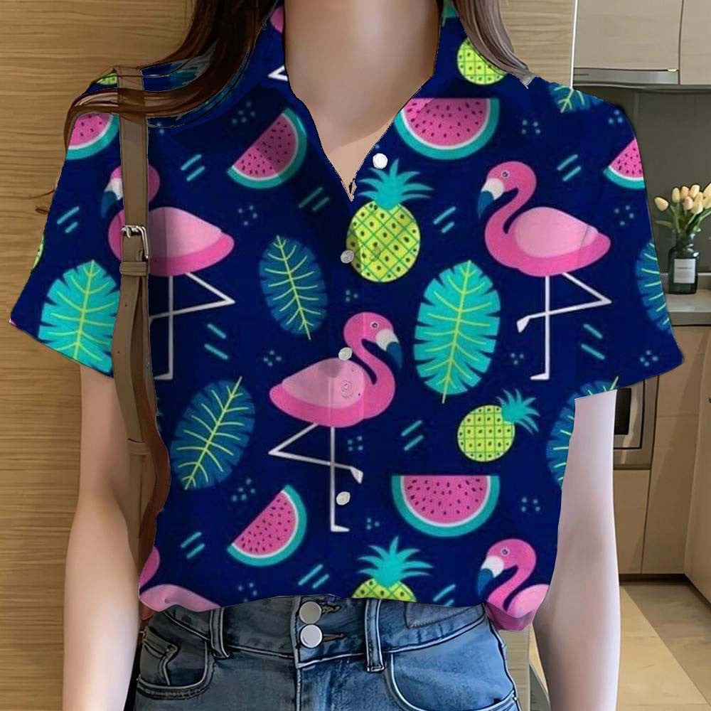 Womens Shirts  Cartoon Animal flamingo 3D Printed Casual Hawaiian Short Sleeve Button Beach Shirt Summer y2k Women's Clothes