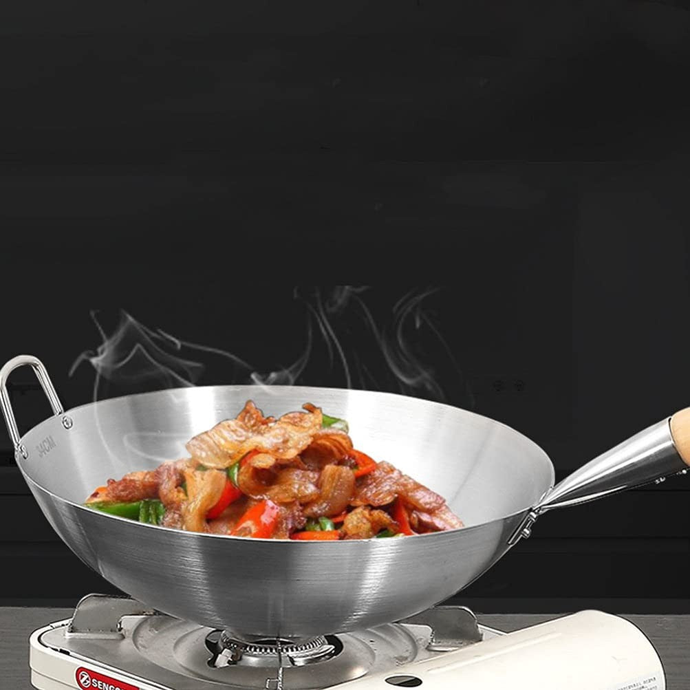 Wok de Aço Inoxidável com Cabo de Faia Anti-Queimadura Fundo Redondo Utensílio de Cozinha para Fogões a Gás 32cm