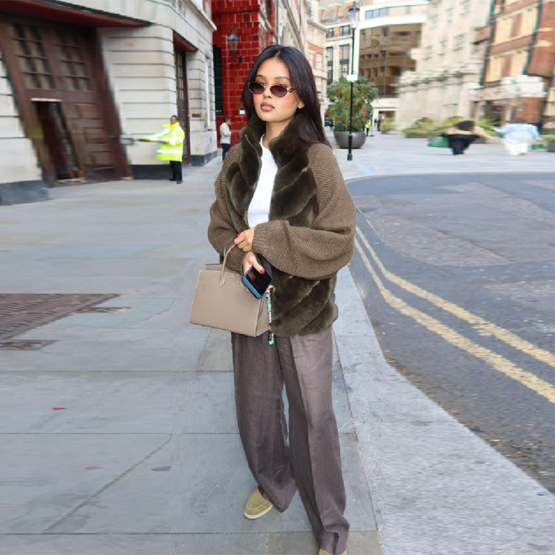 Vintage Faux Fur patchwork Jacket For Women Fashion Design Sense Long Sleeves Casual Coat 2025 Autumn Winter Female Streetwear