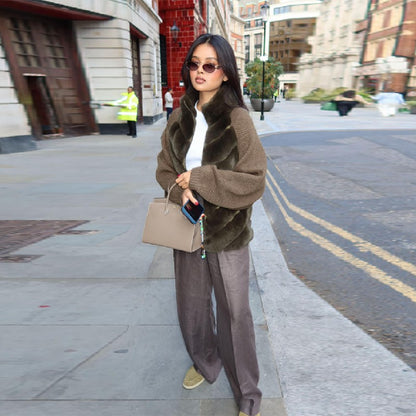 Vintage Faux Fur patchwork Jacket For Women Fashion Design Sense Long Sleeves Casual Coat 2025 Autumn Winter Female Streetwear