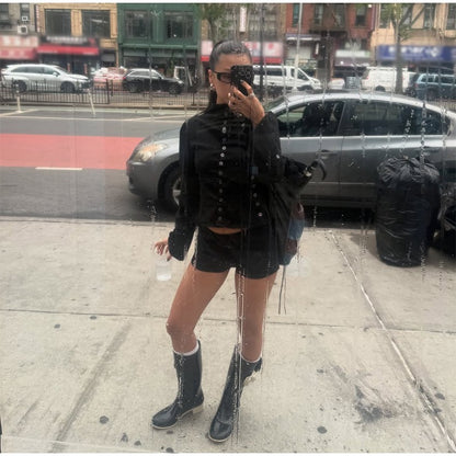 Women's Chic Buttons Cropped Shirt High Neck Solid Y2K Style Slim Fit Tops Grunge Streetwear Vintage Punk Fashion Causal Blouses