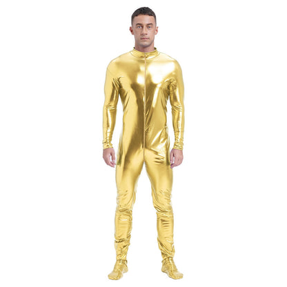 Men's Shiny Metallic Zentai Dress-up Jumpsuit Cosplay Costume Performance Stage Disco Clubwear Full Body Unitard Tights Leotard
