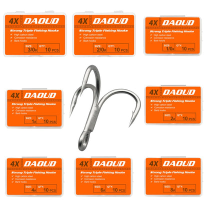 Anzol Triplo 4X para Pesca Pesada Traíra Anchova Salmão Rei Pesca 10 Peças 8# 6# 4# 2# 1# 1/0 2/0 3/0
