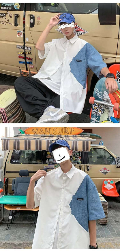 2025 Summer Streetwear Men Short Sleeve Irregular Patchwork Denim Shirt Male Tops Daily Casual Pocket Blouses Unisex Clothes