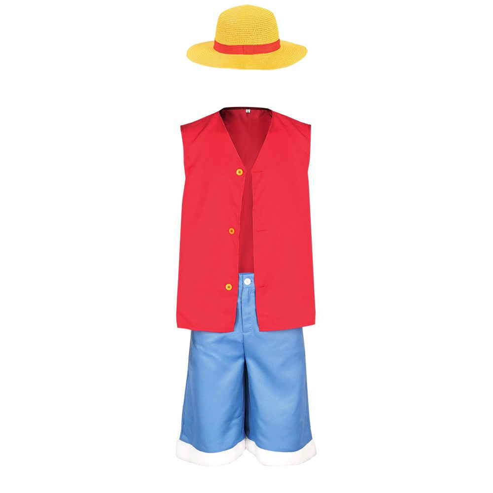 LUFEI cosplay costume set, pirate style red vest+blue shorts+straw hat, anime enthusiast cosplay event full outfit