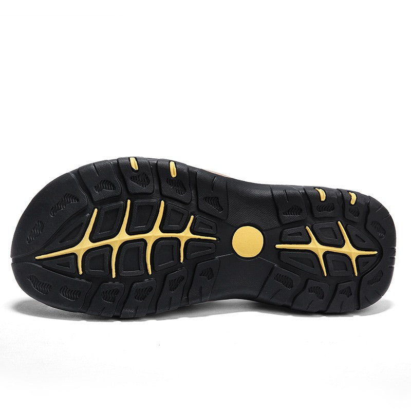 CLOHOO Men's Sandals Handmade Thick Bottom Rubber Breathable Casual Slip-On Beach Shoes Leather Upgraded Version