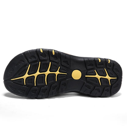 CLOHOO Men's Sandals Handmade Thick Bottom Rubber Breathable Casual Slip-On Beach Shoes Leather Upgraded Version