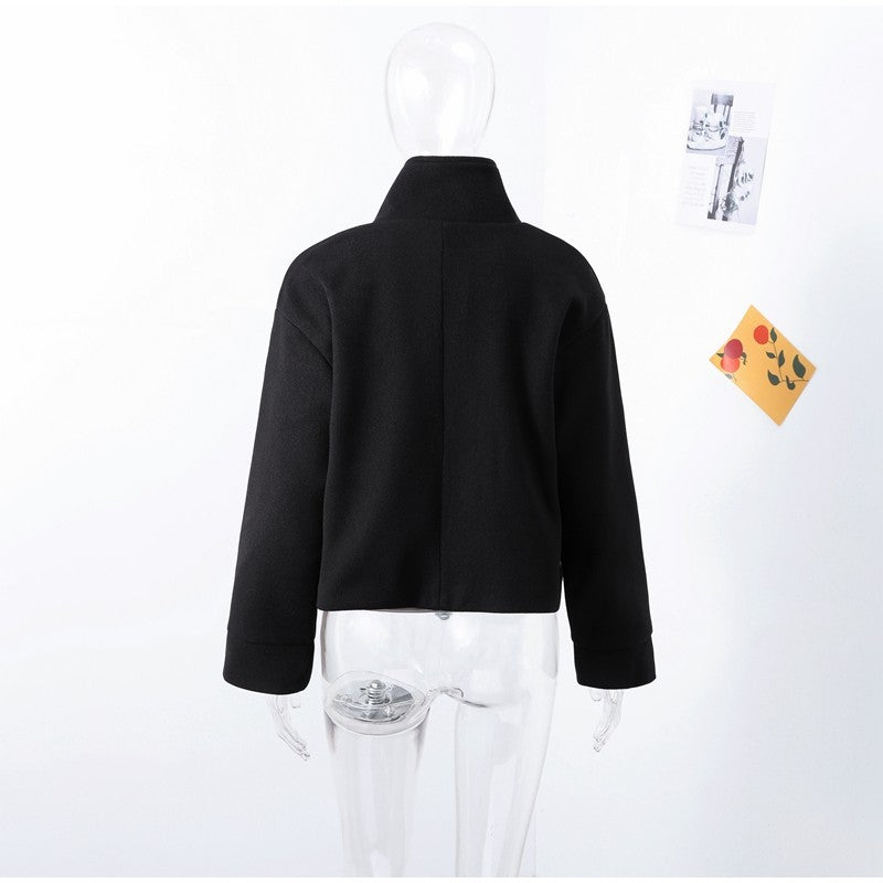 Elegant Stand Collar Woolen Jacket For Women Y2K Single Breasted Button Pockets Coat Lady 2025 Autumn Winter Street Chic Outwear