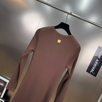 2025 Winter Women's Long Sleeve Knitted Stretch Hollow Corset Long Dress Y2K Clothing New Fashion High-Quality Party Dress bra