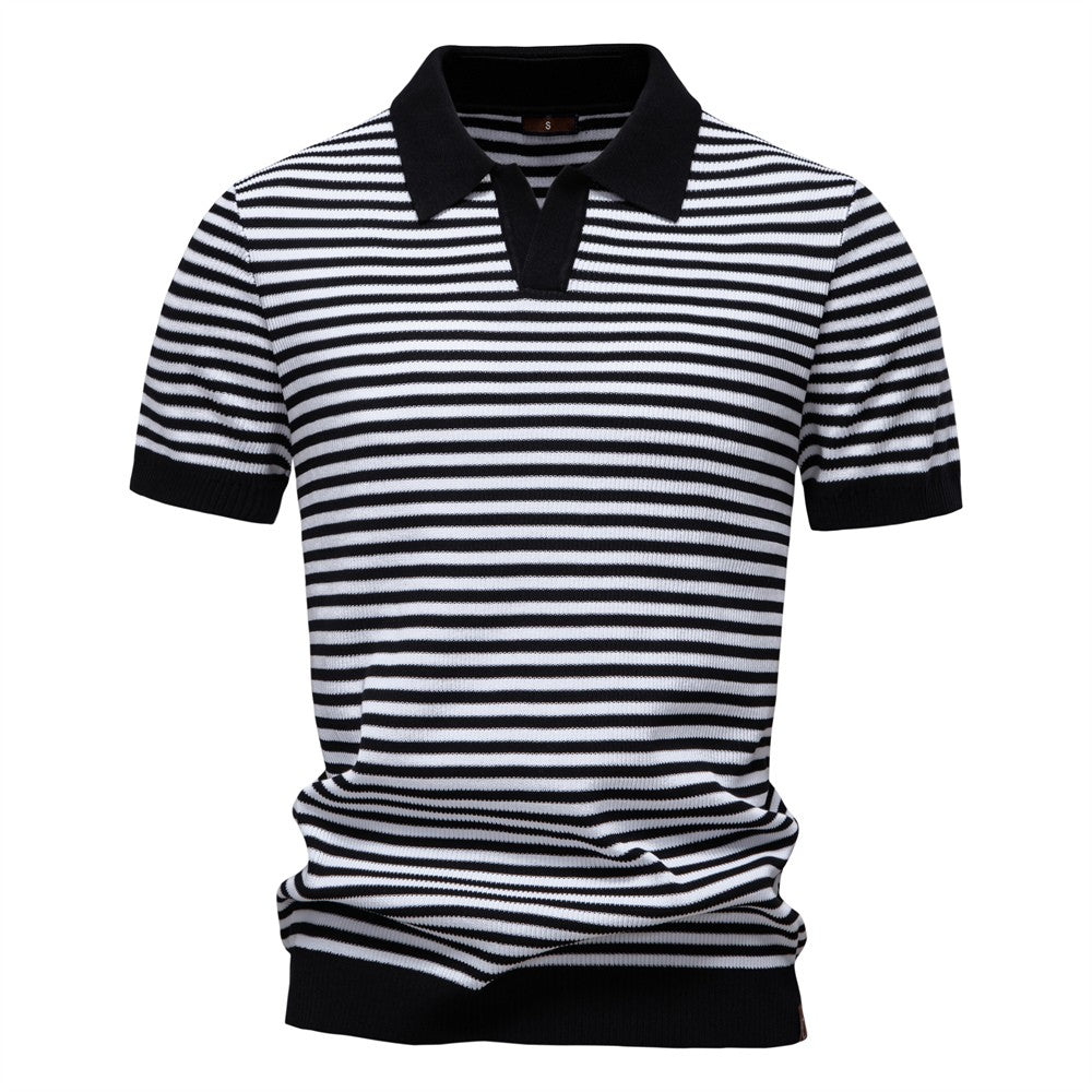 ?AIOPESON 2025 Men's Contrast Striped Polo Shirt - Lightweight V-Neck Knit Top with Breathable Textured Panels