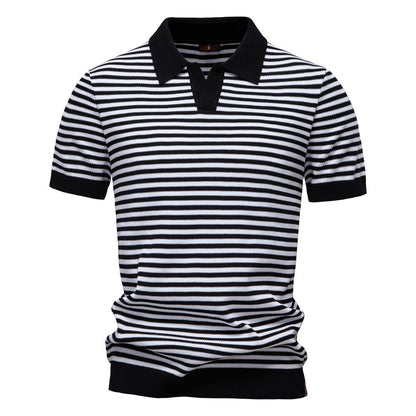 ?AIOPESON 2025 Men's Contrast Striped Polo Shirt - Lightweight V-Neck Knit Top with Breathable Textured Panels