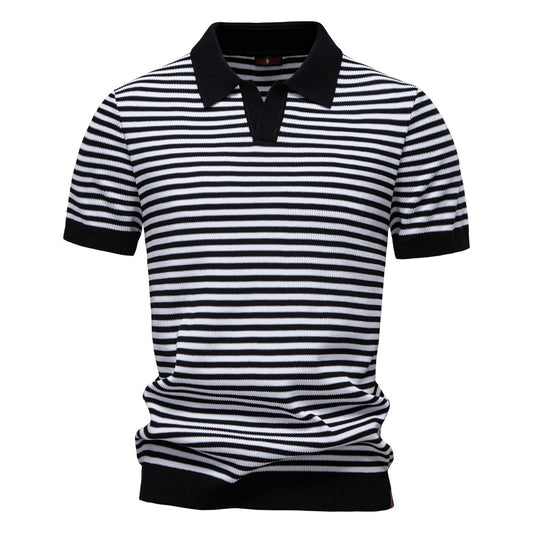 ?AIOPESON 2025 Men's Contrast Striped Polo Shirt - Lightweight V-Neck Knit Top with Breathable Textured Panels